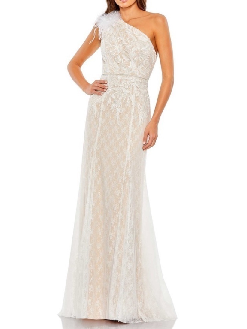 # Mac Duggal Ivory Nude Lace Embellished Embroidered Feathered One Shoulder Gown
